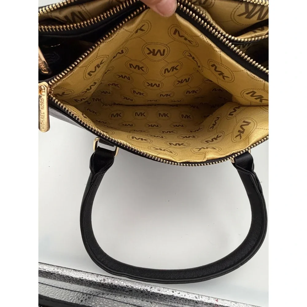 Michael Kors Black Saffiano Leather Tote Bag Gold Hardware MK Logo Handbag